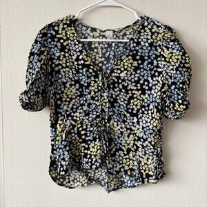 H&M Black and Blue Floral Short Sleeve Top - Size Small